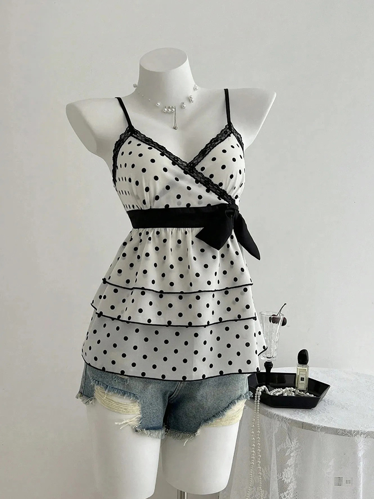 Summer Clothing For 70 Year Old Woman - Französischer Retro-Stil Spitzen-Patchwork Farbblockierter Punkt-Camisole mit