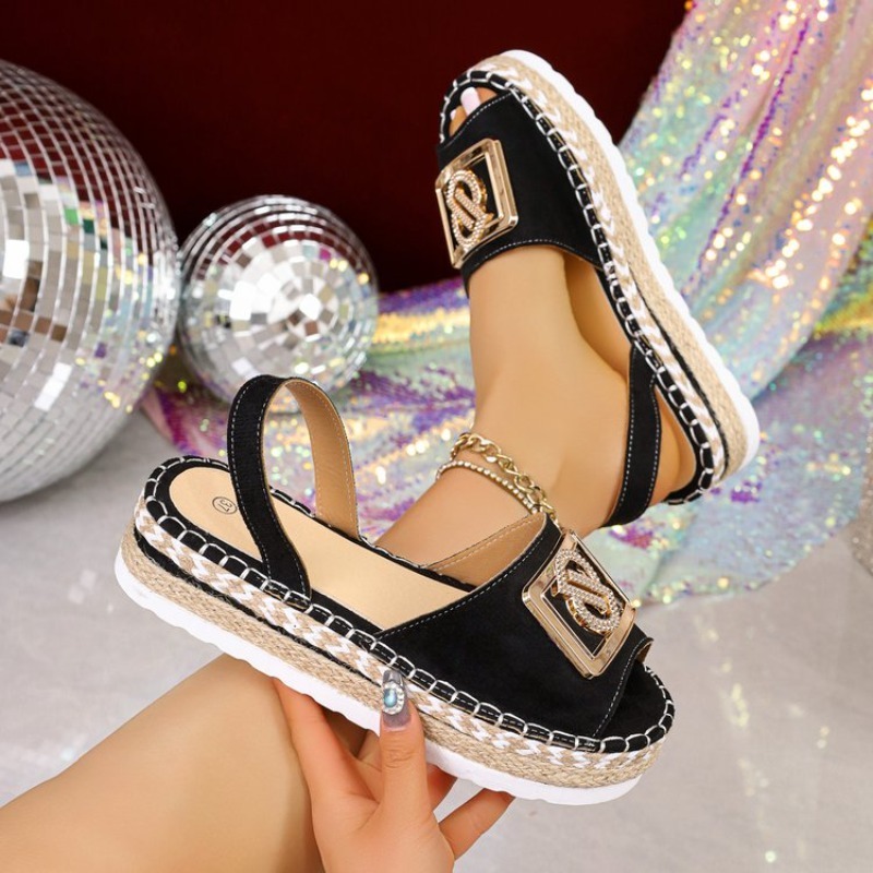 Espadrille Sandal Women - Damen-Plateau-Espadrille-Sandalen mit Strass-Metallschnalle, offener Zehenpartie, Slingback,