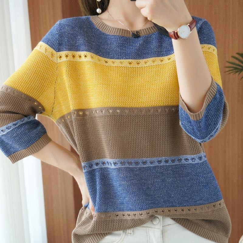 Summer Clothing Yarn - Damen-Pullover mit 3/4-Ärmeln, Koreanische Mode, Gestreifter