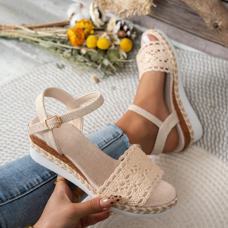 Espadrille Sandal Women - Damen-Sandalen mit Spitze und Keilabsatz, Espadrille-Plattform,