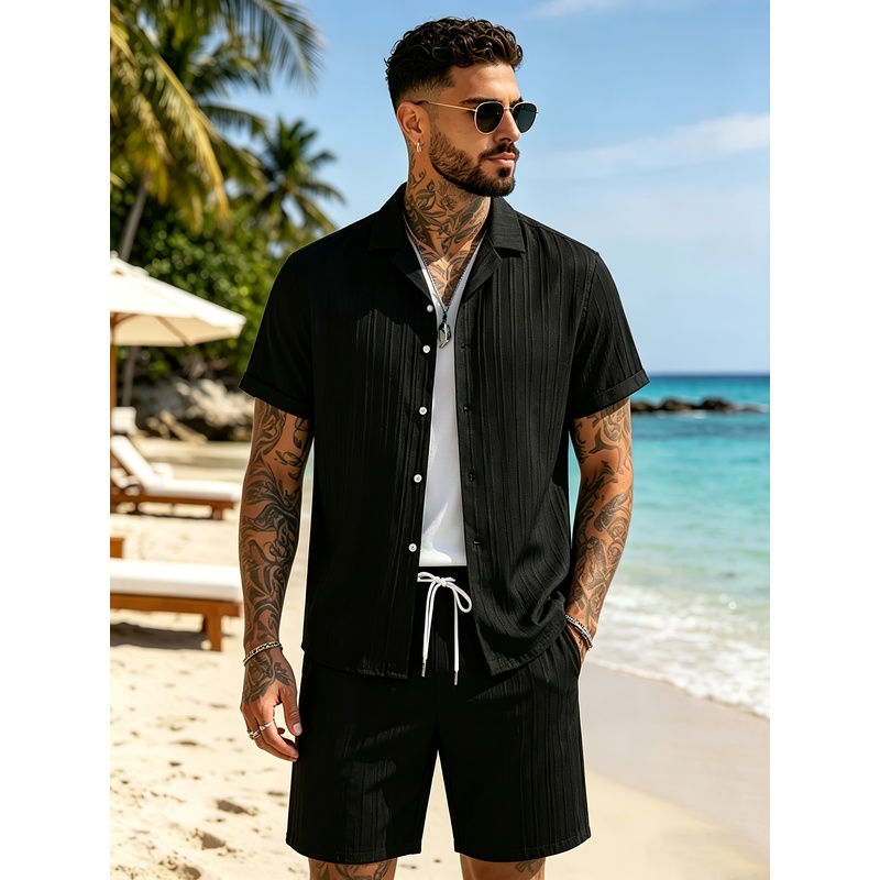 Summer Light Clothing - 2-teiliges Sommer-Freizeitanzug-Set für Herren, Hemd mit