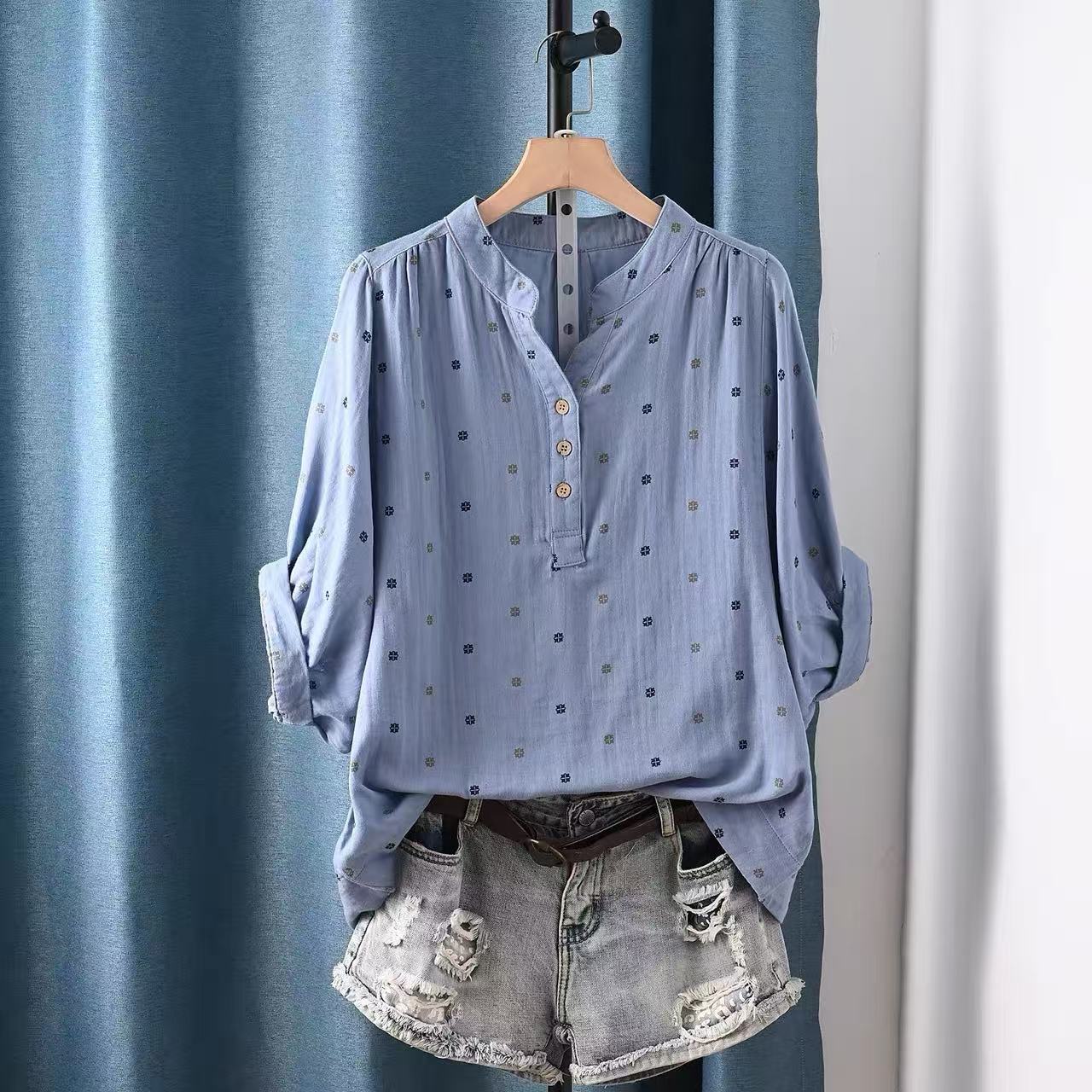 Summer Clothing Yarn - 2026 Damenbluse Japanische Baumwollgarn-Bluse mit Punktmuster