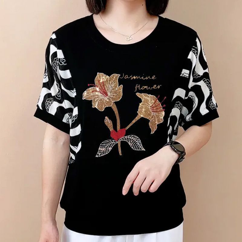 Summer Clothing For 70 Year Old Woman - Modische O-Ausschnitt Gestreifte T-Shirts mit Diamantmuster