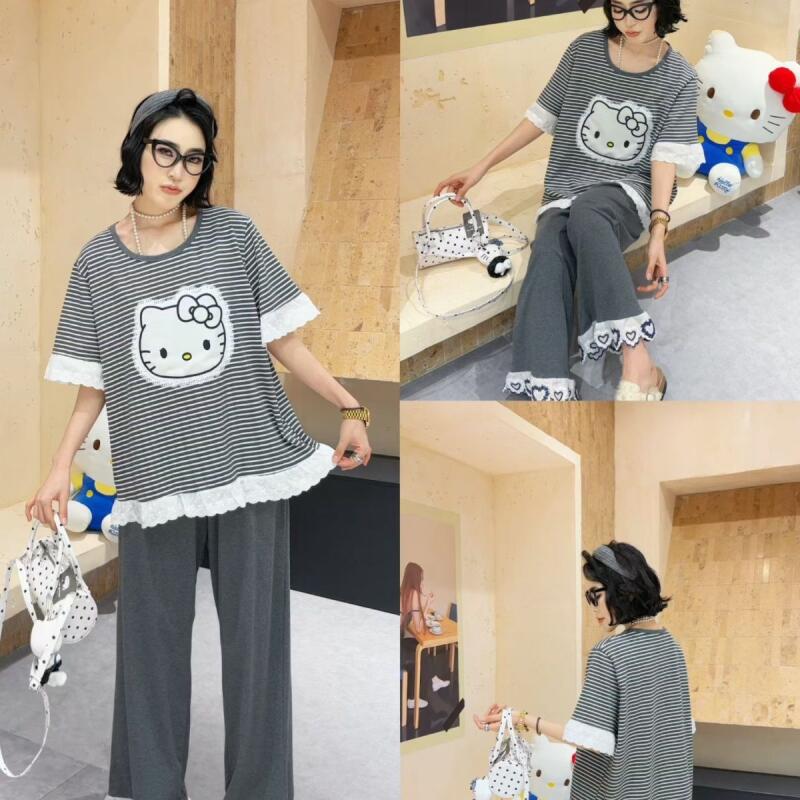 Summer Clothes - Sommer Neu Hello Kitty Gestreifter Damen-Pyjama