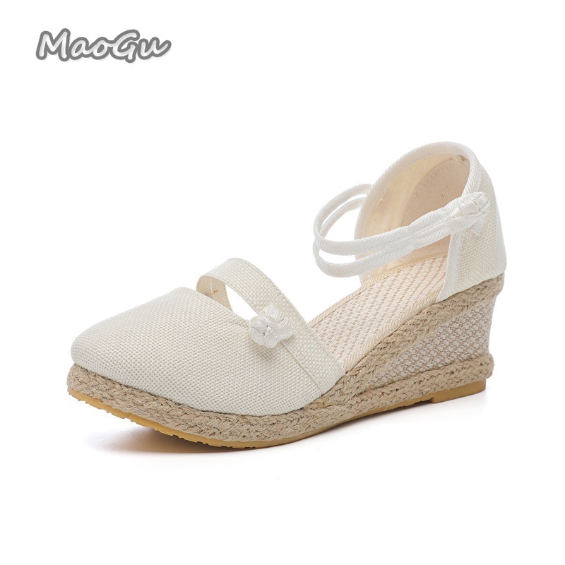 Espadrille Sandal Women - Damen-Espadrille-Keilsandalen aus Leinen mit runder Zehenpartie,