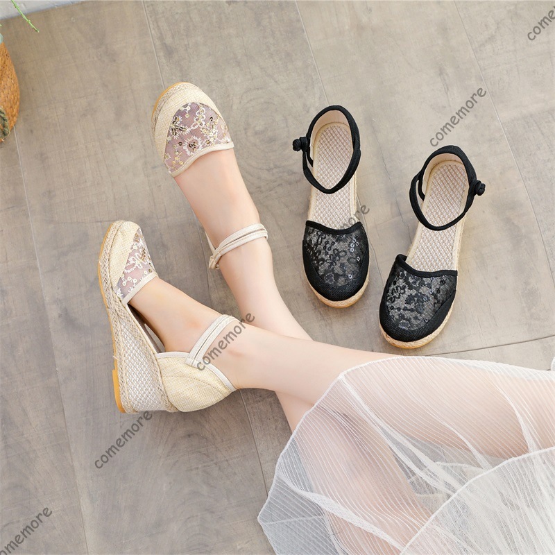 Espadrille Sandal Women - Damen-Sandalen mit Spitze und Mesh, Espadrille-Keilabsatz,