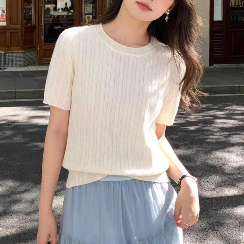 Summer Clothing Yarn - Gestrickter Pullover für Damen, Kurzarm-Strickpullover, Damen-Oberteil,