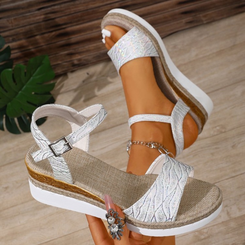 Espadrille Sandal Women - Keilsandaletten für Damen Weiße Plateauabsätze Knöchelriemen